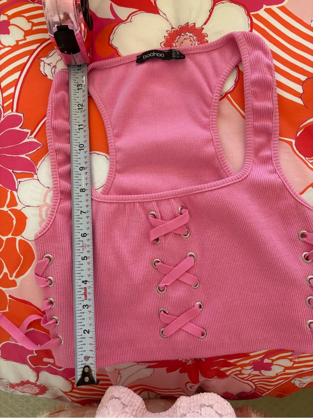 Boohoo Bubblegum Pink Ribbed Lace-Up Tank